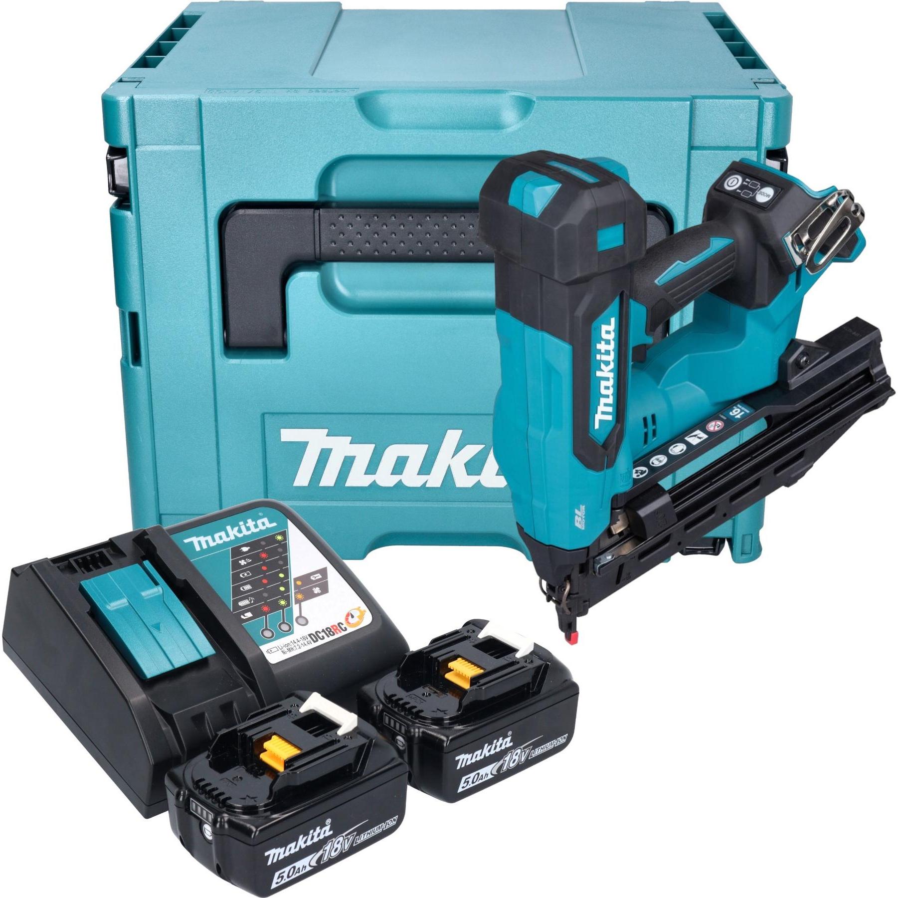 Makita, Graffettatrice + Pistola sparachiodi, DBN 610 RTJ chiodatrice a batteria 18 V 32 - 64 mm Brushless + 2x batteria 5,0 Ah +