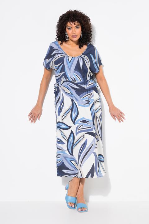 Image du produit Ulla Popken Robe maxi motif feuilles, cordon de serrage sous tunnel, manches courtes et décolleté en V (46, 48)