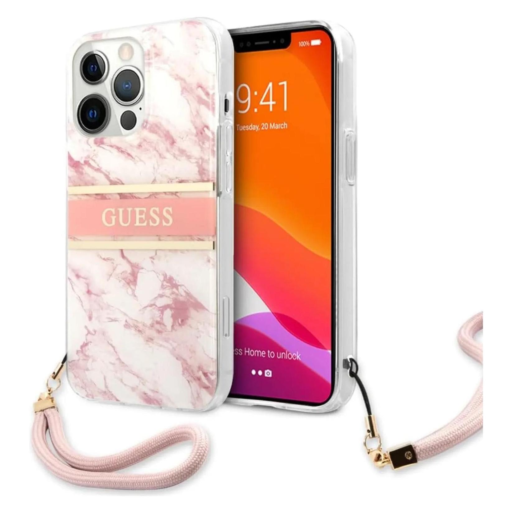 Guess Hard Cover Marble Stripe With Strap (Apple IPhone 13 Pro Max), Smartphone Hülle, Pink