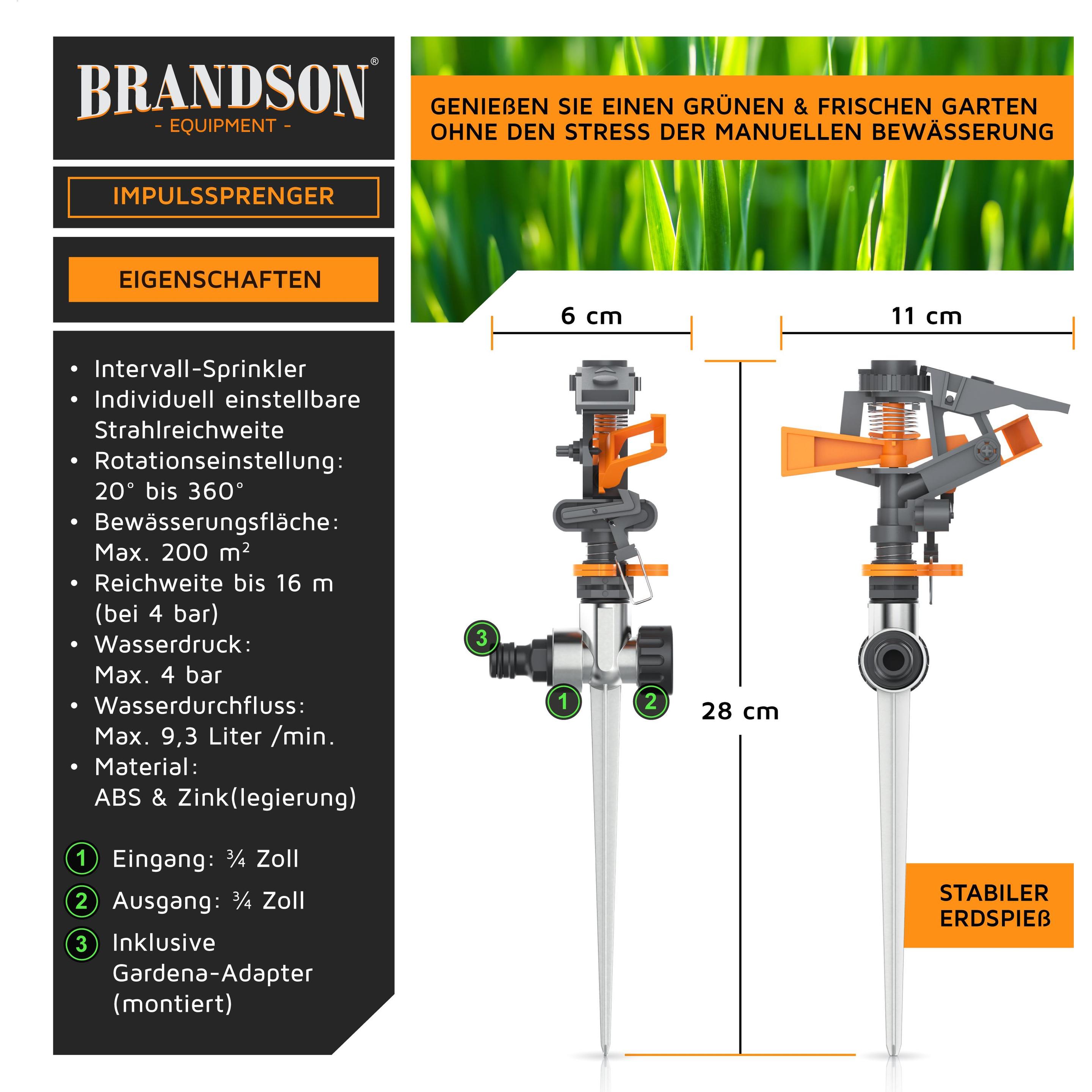 Thumbnail - Brandson, Rasensprenger, 4x Kreisregner, Intervall-Sprinkler, 360° Impulsregner, Rasensprenger bis 200 m², Gardena kompa...