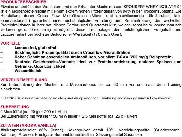 Nährwerte und Zutaten Sponser Isolate 94 (Strawberry, 1 Stk., 1500 g)