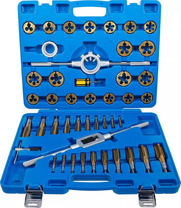 1 Schraubendreher, im Kunststoffkoffer, Werkzeugstahl (GCr15), 1 Schneideisenhalter, 1 Gewindebohrerhalter, 1 Adapter für Schneideisenhalter, Abtrieb Schlitz 6 mm, 1 Verstellbares Windeisen, 20 Gewindebohrer für Innengewinde und 20 Schneideisen für Aussengewinde (1x je Grösse)