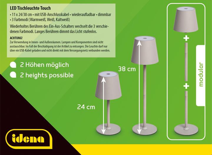 Produktbild Idena LED Tischleuchte Touch Metall grau 11x24/38cm Akku USB dimmbar 3 Modi Innen und Aussen