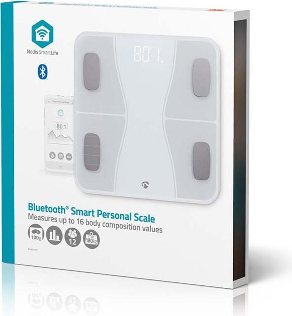 Produktbild Nedis WIFI-SmartLife-Personenwaage Bluetooth® | BMI / BMR / Fett / Gebeine / Gewicht / Muskeln / Was (180 kg)