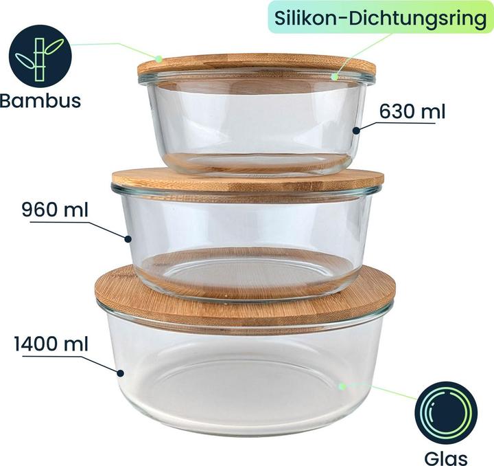 Actual product image Ideoon 6er-Set Hochwertige Vorratsdosen mit Deckel, rund, Glas/Bambus, 3 Grössen (0.63 l)