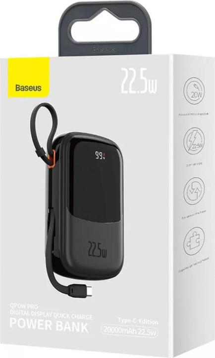Actual product image Baseus Powerbank Qpow PRO with cable, 20000mAh, 22.5W (Black) (20000 mAh, 22.50 W, 76 Wh)