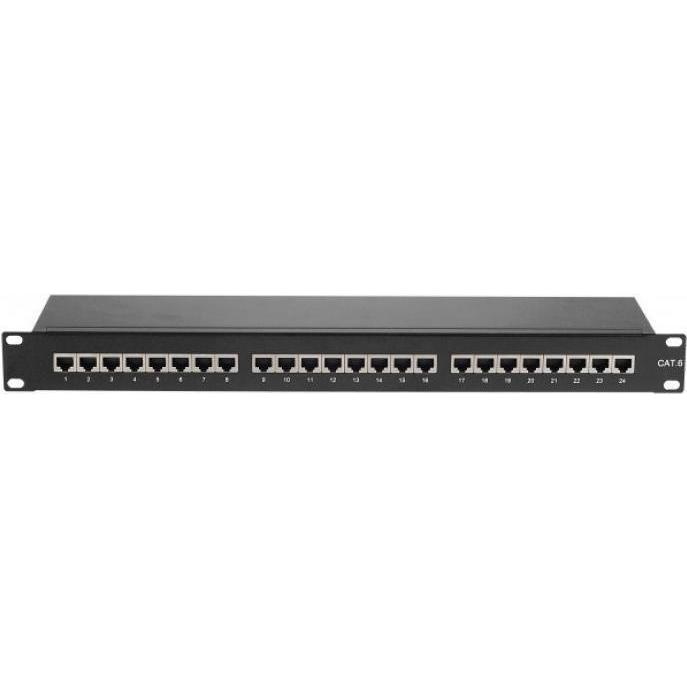 Tecline Patchfeld, Cat. 6, 24 Port, STP, 1 HE, 48,30cm (19"), schwarz Cat 6 Patchfeld mit 24 Ports, Server Zubehör, Schw...