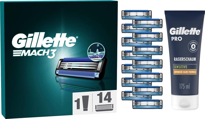 Produktbild Gillette Mach3 Ersatzklingen für Herrenrasierer, 14 Ersatzrasierklingen + PRO Sensitive Ras (14 x)