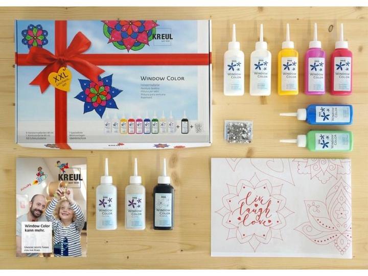 Image du produit Kreul Couleur de la fenêtre XXL (Bleu roi, Rouge rubis, Blanc neige, Faon, Jaune doré, Pink, Or scintillant, Noir, Mairün, Argent scintillant, 800 ml)