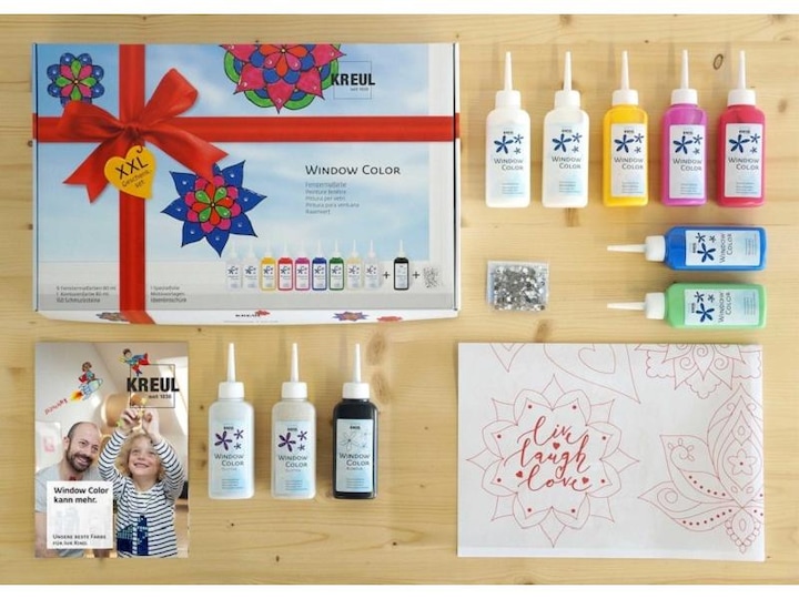 Produktbild Kreul Window Color XXL (Royalblau, Rubinrot, Schneeweiss, Rehbraun, Goldgelb, Pink, Glitzer-Gold, Schwarz, Mairün, Glitzer-Silber, 800 ml)