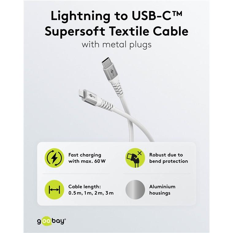 Thumbnail - Goobay Lightning USB-C Supersoftes Textilkabel mit Metallsteckern, 0,5 m (0.50 m, USB 2.0), USB Kabel