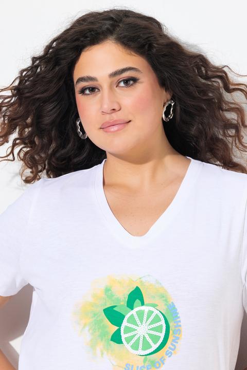 Image du produit Ulla Popken T-shirt motif citrons, manches courtes et décolleté en V, coupe évasée (42, 44)