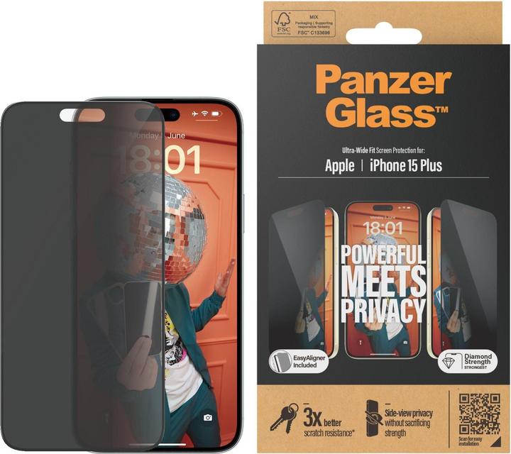 PanzerGlass Privacy Screen Protector Ultra-Wide Fit (1 Stück, Apple iPhone 15 Plus)