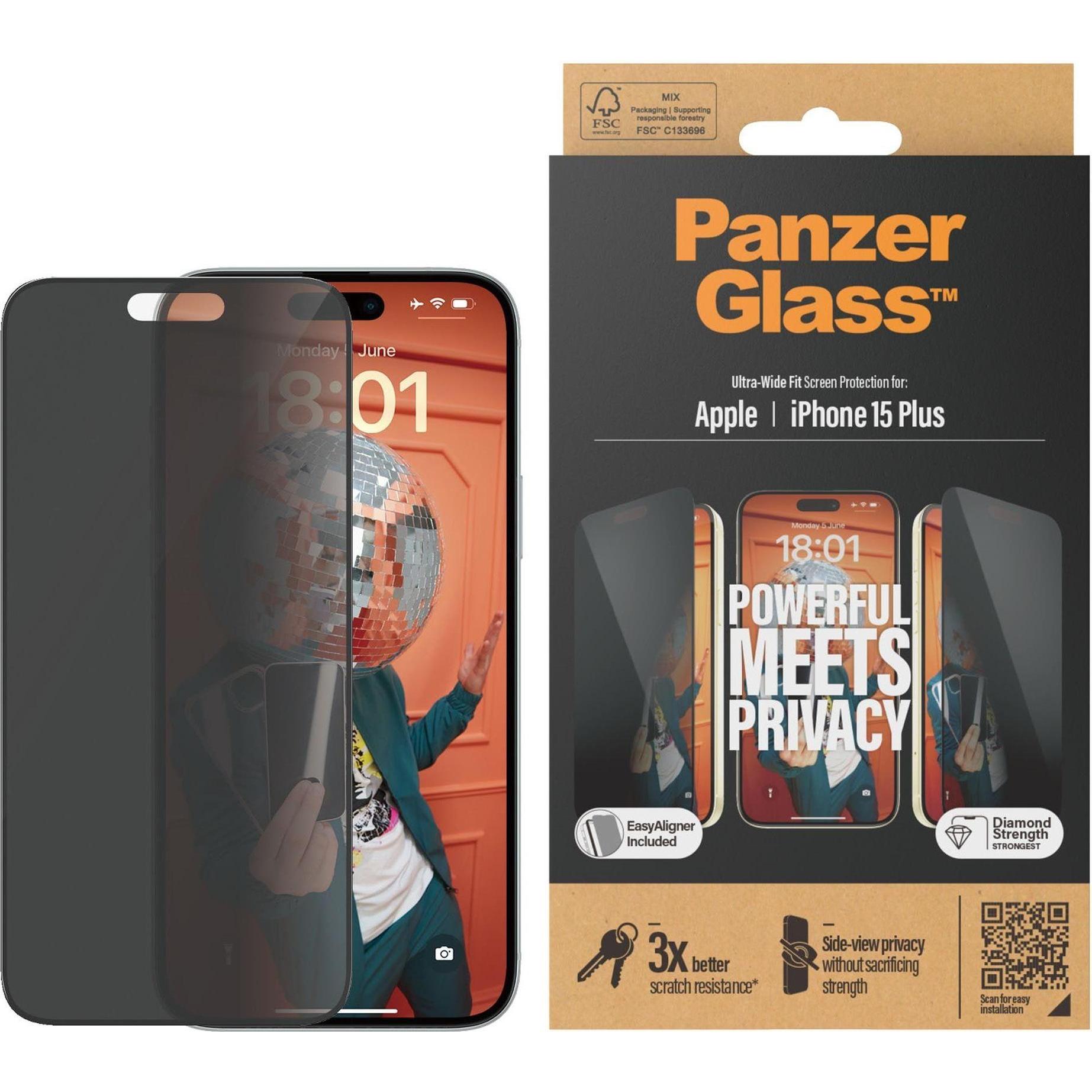 PanzerGlass Privacy Screen Protector Ultra-Wide Fit (1 Stück, Apple iPhone 15 Plus), Smartphone Schutzfolie, Transparent