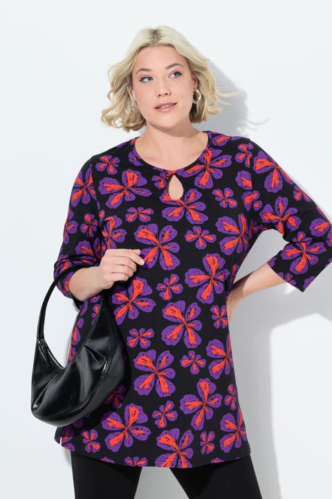 Immagine prodotto Ulla Popken Maglia dal taglio lungo e svasato con fiori, scollo a girocollo e maniche a 3/4 (46, 48)