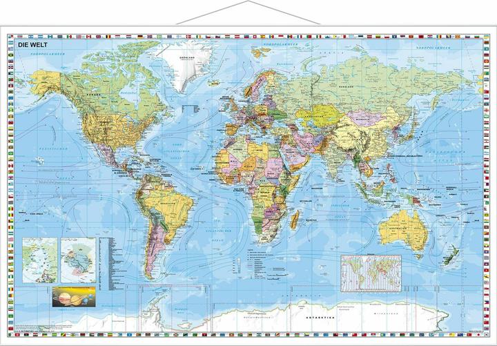 Actual product image World map german language. Wall map with metal bar