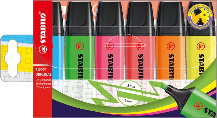 Produktbild STABILO BOSS ORIGINAL Textmarker (Blau, Grün, Pink, Rot, Orange, Gelb, 5 mm, 6 x)