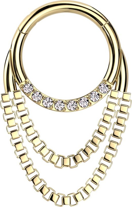 Immagine prodotto Star Piercing Anello a micro segmenti incernierato con cristalli placcati oro pendente in argento due catene (Acciaio chirurgico 316L, senza ottone)