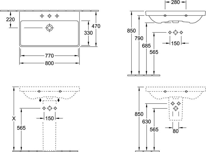 Produktbild Villeroy & Boch Mbel-Waschtisch Avento 80 cm wei mit CeramicPlus-Beschichtung 415680R1 (470 mm, 800 mm)