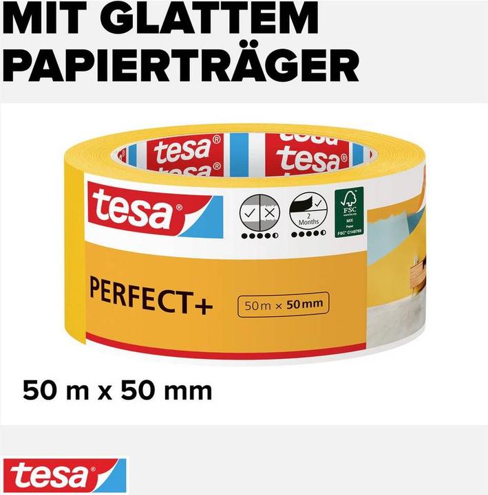 Produktbild tesa Malerkrepp Perfect+, Abdeckklebeband für präzises Abkleben im Innenbereich (50 mm)
