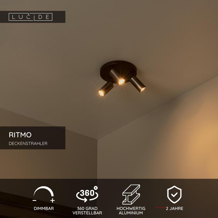 Produktbild Lucide RITMO - Plafondspot - Ã˜ 18 cm - 3xGU10 (MR11) - Koffie (GU10)