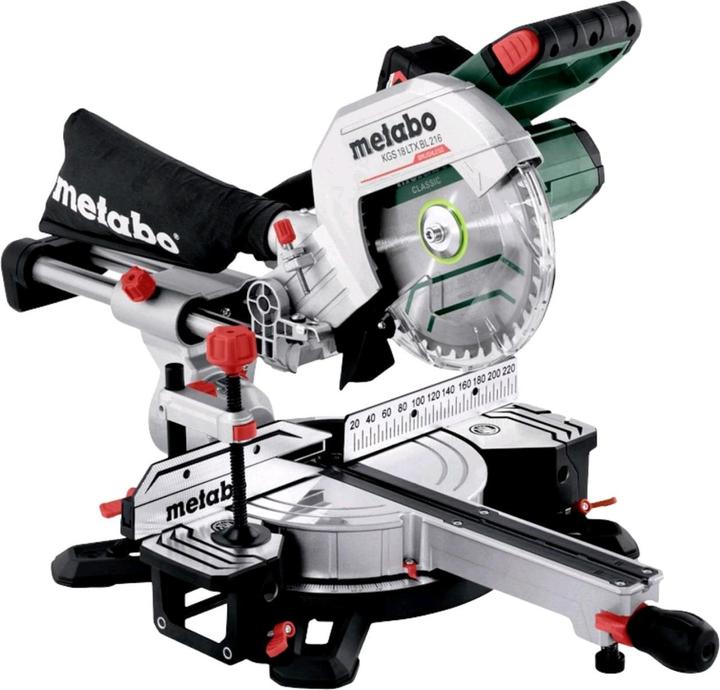 Sägeblatt Cordless cut wood - classic 216x30 Z40, Li-Power Akkupack (18 V/4 Ah), 2 integrierte Tischverbreiterungen, Spänefangsack, Materialklemme, Ablänganschlag, Werkzeug für Sägeblattwechsel