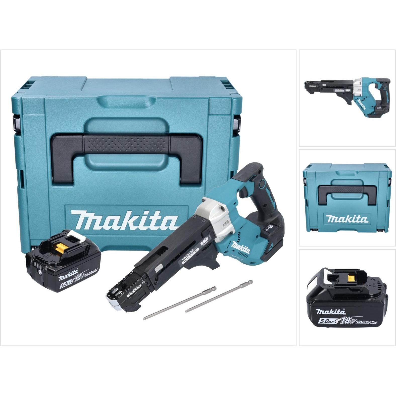 Makita, Bohrmaschine + Akkuschrauber, DFR 551 T1J Akku Magazinschrauber 18 V 25 - 55 mm Brushless + 1x Akku 5,0 Ah + Mak...