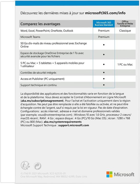 Immagine prodotto Microsoft 365 Business Standard (francese) (1 Utente, 12 mesi)