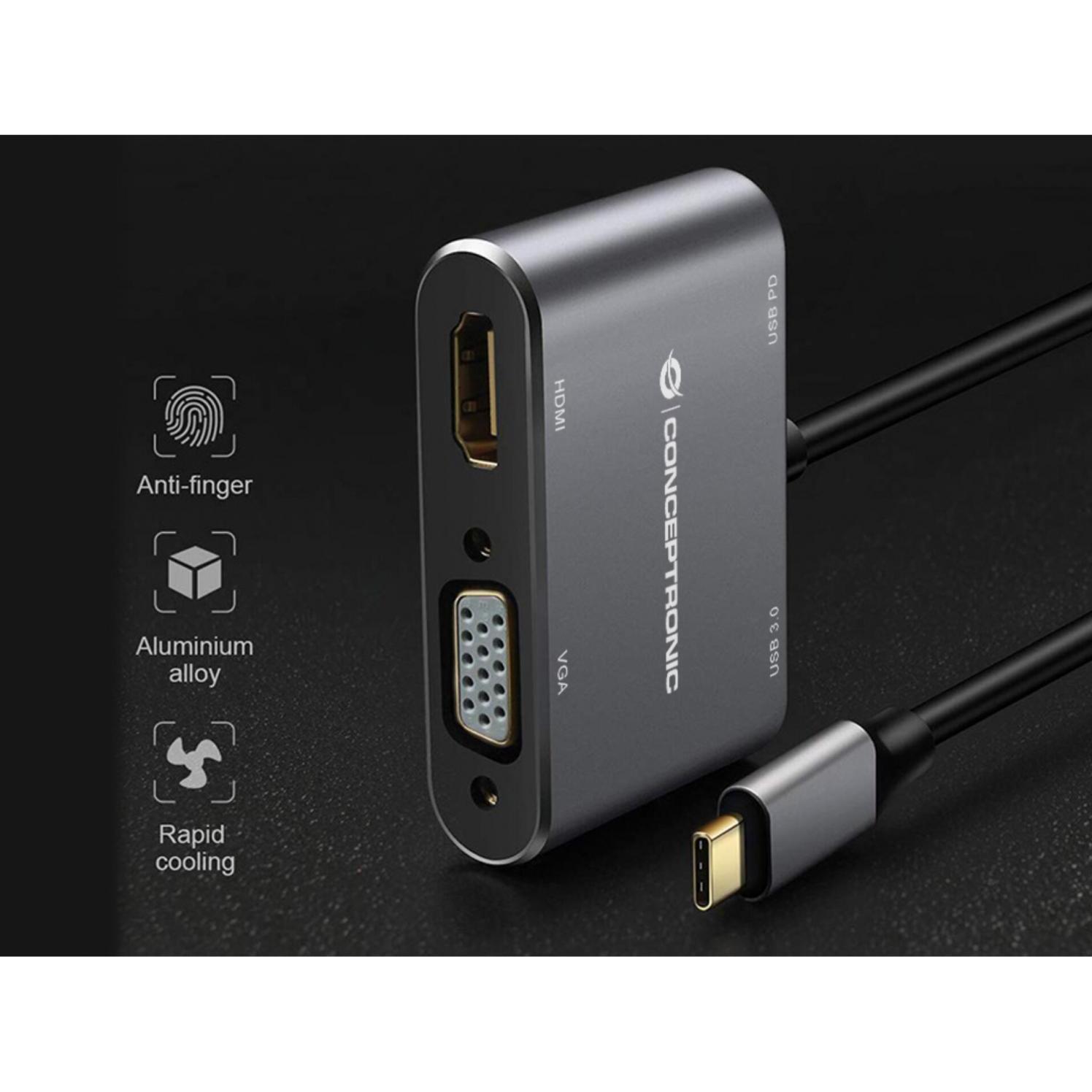 Thumbnail - Conceptronic Dock USB-C ->HDMI,VGA,USB3.0,100WPD 0.15m gr (USB-C, 4 Ports), Dockingstation + USB Hub, Grau