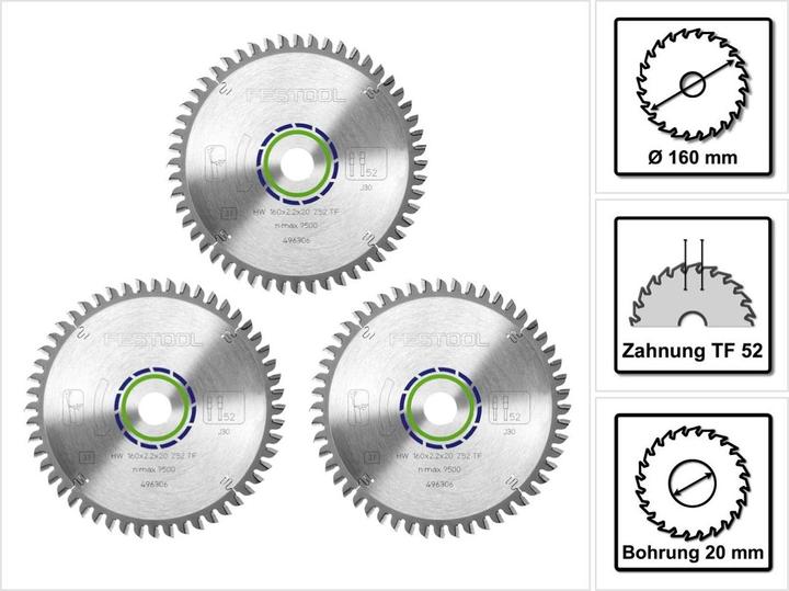 Festool Spezial Kreissägeblatt Set 3x HW 160 x 20 x 2,2 mm TF52 ( 3x 496306 ) 160 mm 52 Zähne