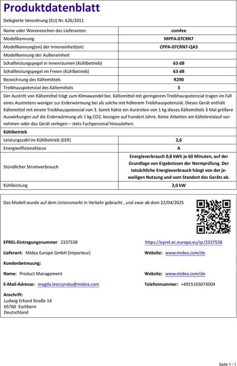 Produktbild Comfee MPPA-07CRN7 (70 m², 7000 BTU/h)