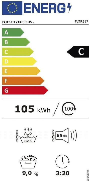 Energy Label Kibernetik FLTR517 FusionLine Wärmepumpentrockner 9kg C Klasse Weiss (9 kg, Right)