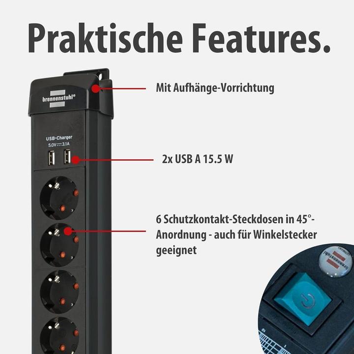 Produktbild Brennenstuhl Premium-Line, power distribution unit with USB ports, 6 sockets, 3m, black, with swi... (6x, CEE 7/7, 3 m)