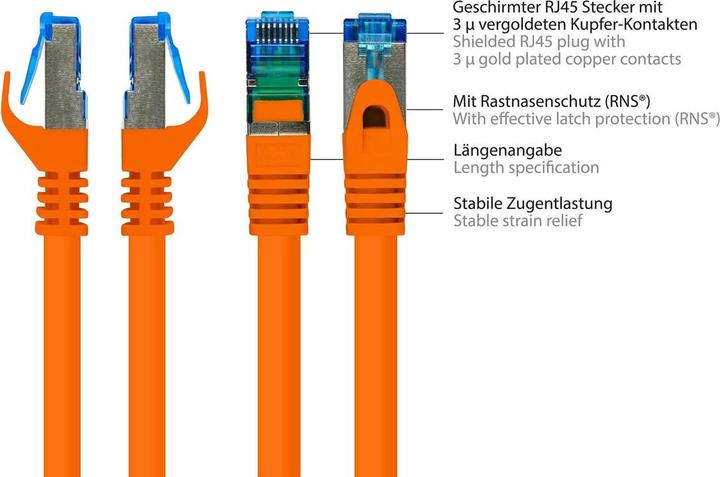 Produktbild Good Connections RNS® Patchkabel mit Rastnasenschutz, Cat. 6A, S/FTP, PIMF, halogenfrei, 500MHz, orange, 10m (S/FTP, CAT6a, 10 m)