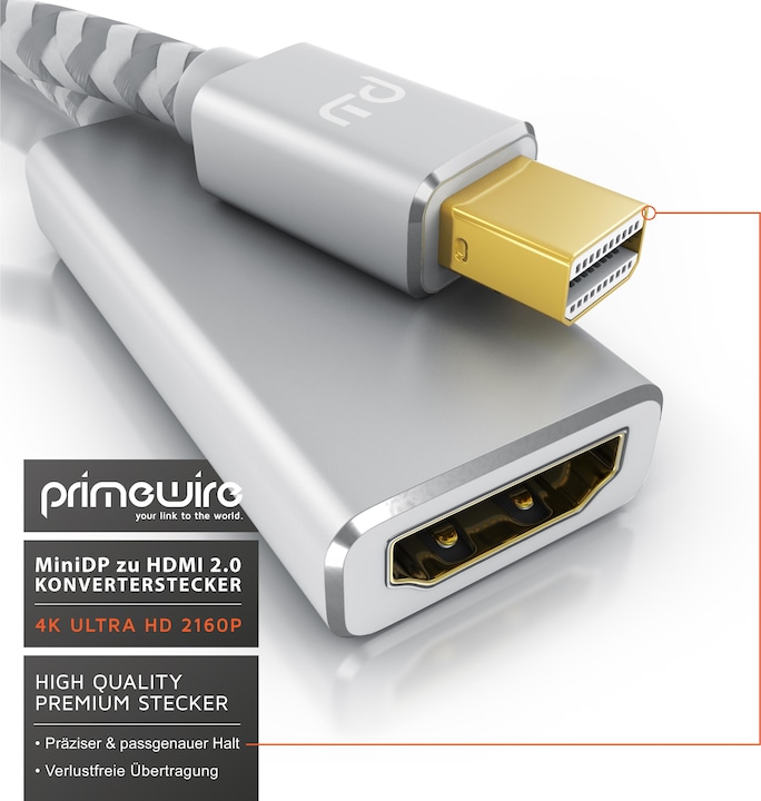 Produktbild Primewire 4K Mini Displayport zu Hdmi 2.0 Adapter, Mini DP Kabel, mDP Adapter, 4K@60Hz, Thunderbolt (0.20 m, HDMI)