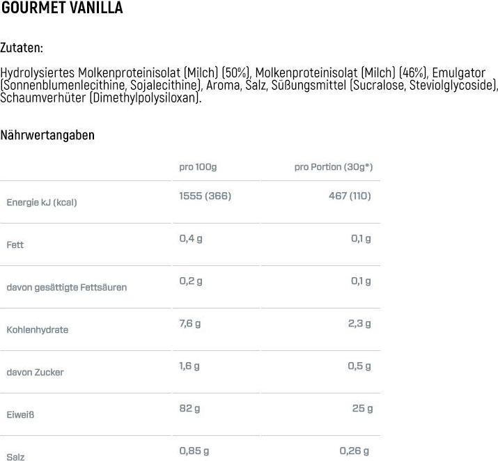 Nährwerte und Zutaten Dymatize ISO 100 Hydrolyzed (900 g, 1x, Vanille)