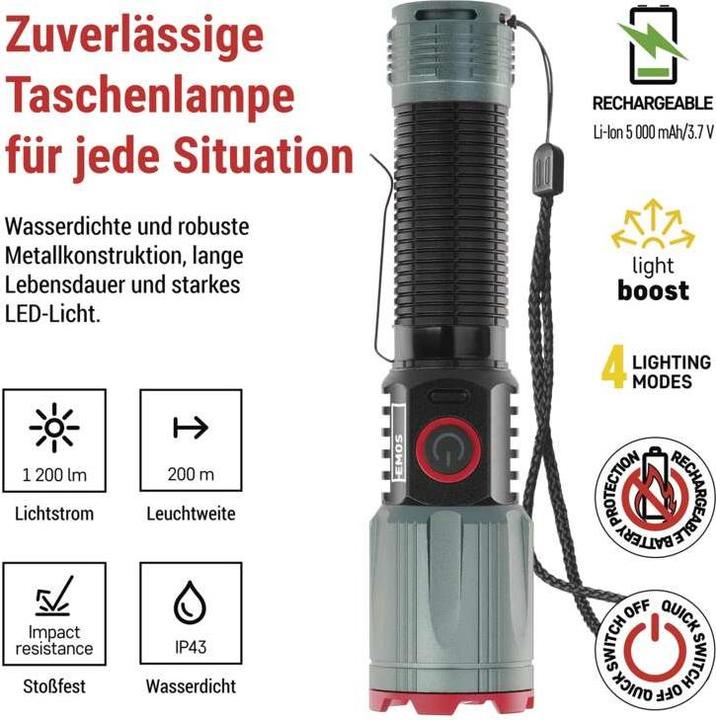 Produktbild Emos LED RECHAR.METAL FLASHLIGHT MED 1300lm,2200mAh (15 cm, 1200 lm)