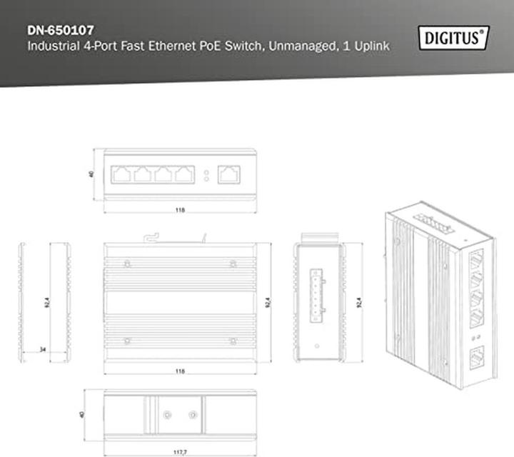 Produktbild Digitus Industrieller 4-Port Fast Ethernet PoE Switch + 1 Uplink Port (5 Ports)