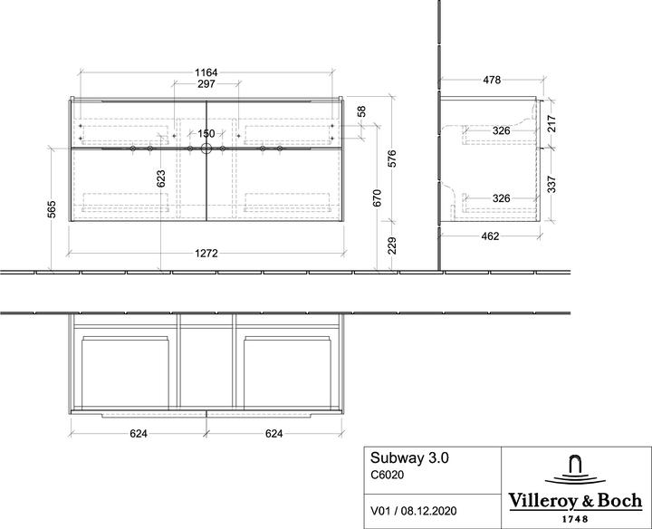 Produktbild Villeroy & Boch Subway 3.0, Waschbeckenunterschrank, 1272x576x478 mm, 4 Auszüge, C60202