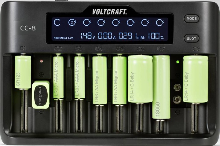 Immagine prodotto Voltcraft Caricatore di celle rotonde CC-8 (1 pz., 10340, 14500, 16340, 17500, 17650, 18490, 18500, 18650, 21700, 22650, 26500, 26650, Sub-C, A, 9V Block, AA, AAA, Caricabatterie senza batteria)