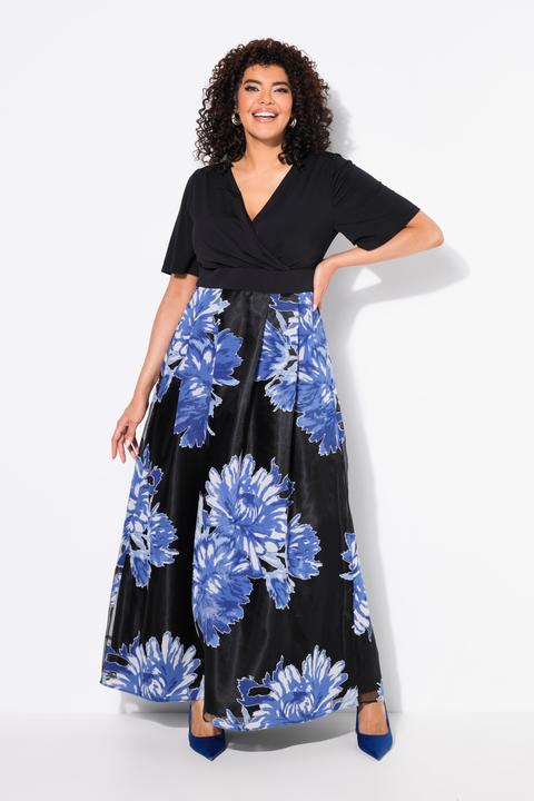 Image du produit Ulla Popken Robe maxi, jupe en tissu dévoré, encolure en V, manches mi-longues (42, 44)