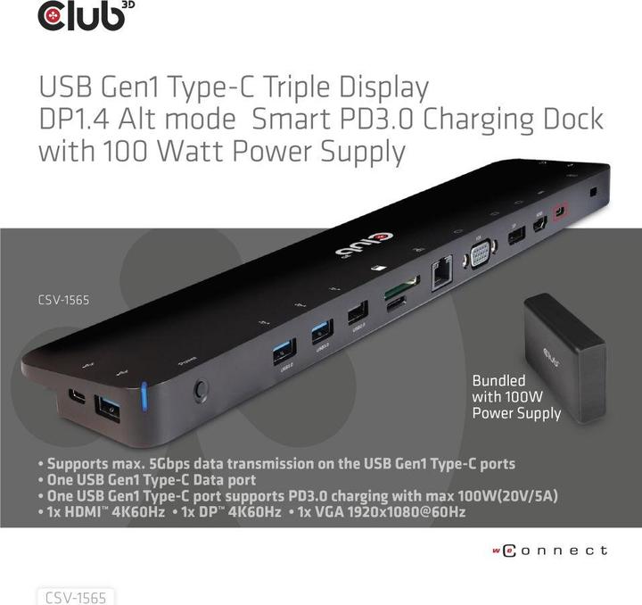 Image du produit Club 3D Club3D ChargingDock USB-C ->5xUSB3/DP/HDMI/VGA/LAN (USB-C, 7 ports)