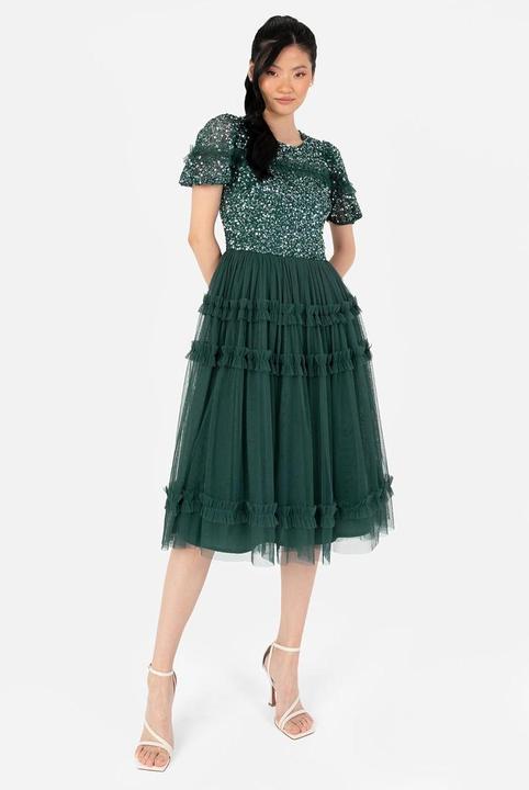 Actual product image Maya Deluxe Embellished Midi Dress with Puff Sleeves for Wedding Guest and Bridesmaid (34, 36, 38, 40, 42, 44, 46, 48, 50, 52, 54)