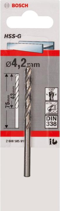 Immagine prodotto Bosch Professional Zubehör Trapano per metallo HSS-G, DIN 338, 4,2 x 43 x 75 mm, confezione da 1 pz. (4,2 mm)