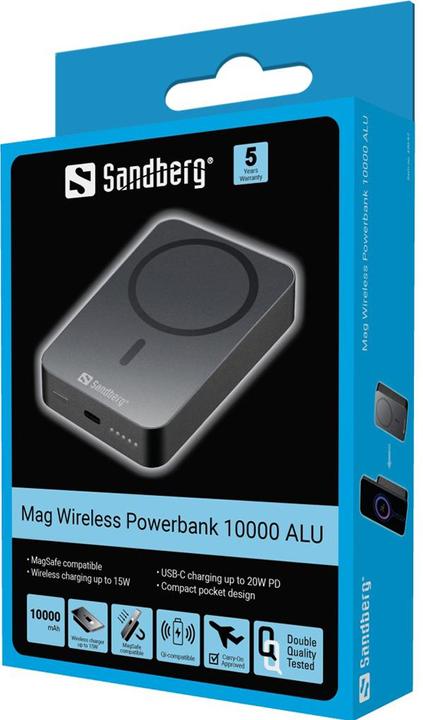 Produktbild Sandberg Mag Wireless Powerbank 10000 ALU (10000 mAh, 20 W, 37 Wh)