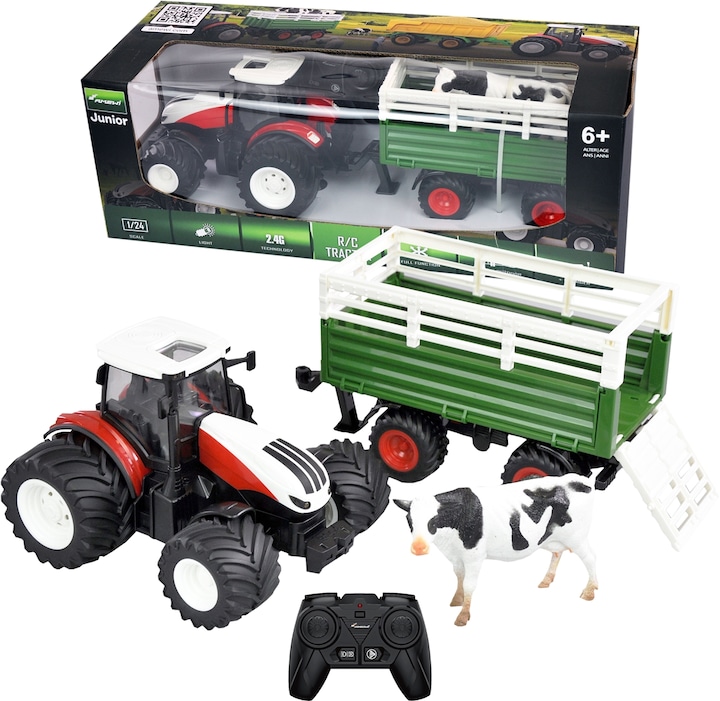 Immagine prodotto Amewi Trattore Rc Con Carro Bestiame, Suoni E Luci, 1:24 Rtr (RTR pronto all'uso)