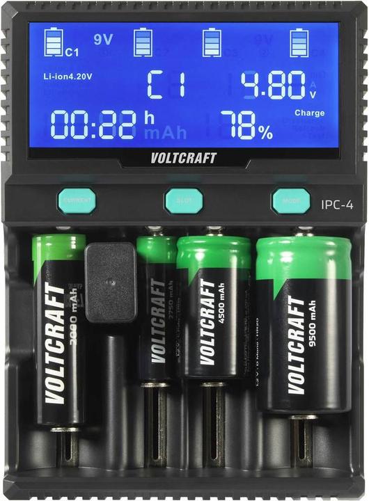 Actual product image Voltcraft IPC-4 round cell charger LiIon, LiFePO, NiMH, NiCd, LiFePO4 A, Mignon (AA), Micro (AAA) (1 pcs., 10440, 14500, 16340, 17335, 17500, 17670, 18490, 18650, 21700, 22650, 26500, 26650, 32650, AA, Sub-C, AAA, A, Chargers without battery)