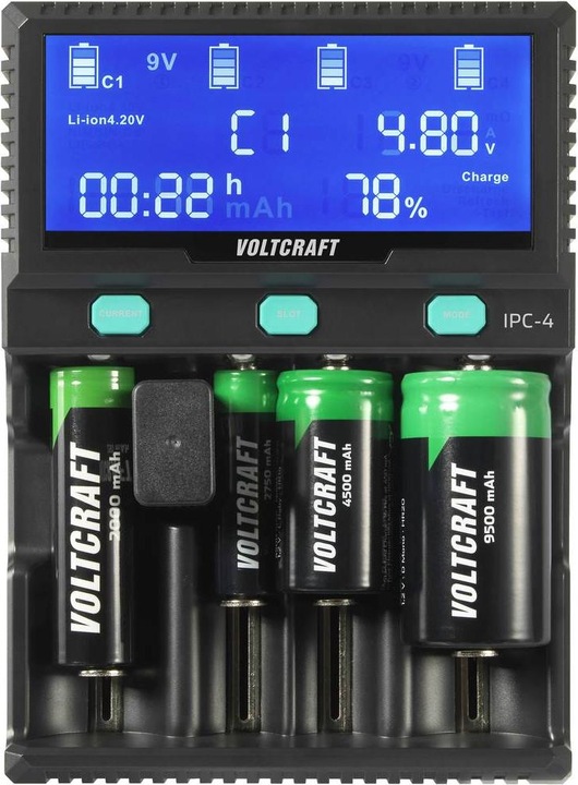 Actual product image Voltcraft IPC-4 round cell charger LiIon, LiFePO, NiMH, NiCd, LiFePO4 A, Mignon (AA), Micro (AAA) (1 pcs., 10440, 14500, 16340, 17335, 17500, 17670, 18490, 18650, 21700, 22650, 26500, 26650, 32650, AA, Sub-C, AAA, A, Chargers without battery)