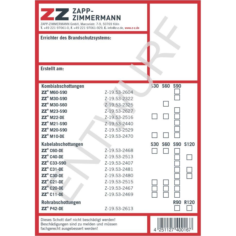 Zapp-Zimmermann, Sicherheitskennzeichnung, Kennzeichnungsschild DE für Systeme nach abZ/aBG