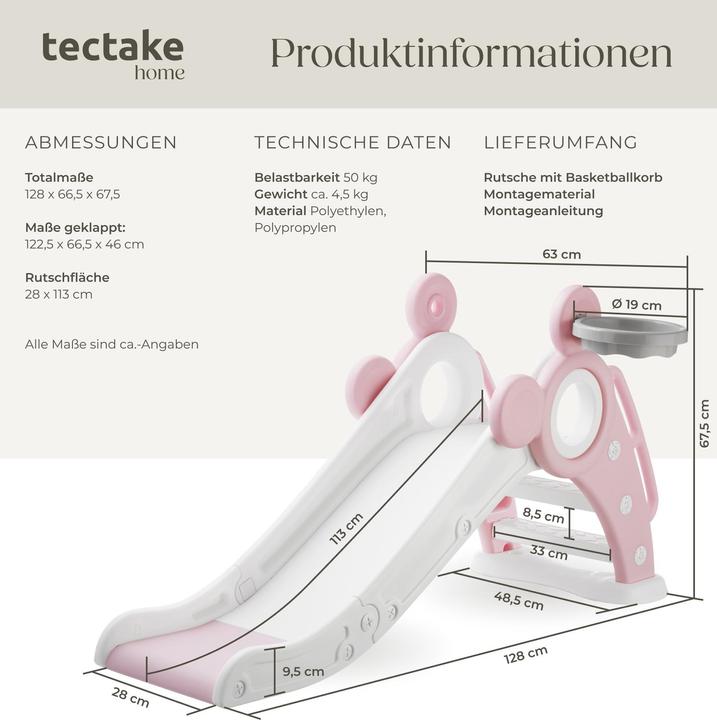 Produktbild tectake Kinderrutsche Joy, mit Basketballkorb, klappbar